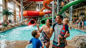 AquaInfo.cz | Průvodce Aquaparky a Termálními Lázněmi 2 Pohled na vnitřní bazény a relaxační zóny v Aquaworld Lipno s výhledem na jezero